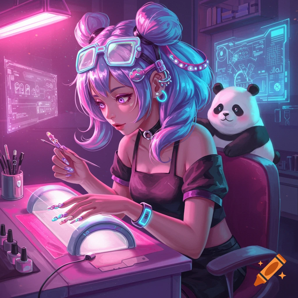 An anime girl with purple and blue hair and futuristic goggles doing her nails under neon pink light, with a panda sitting behind her.