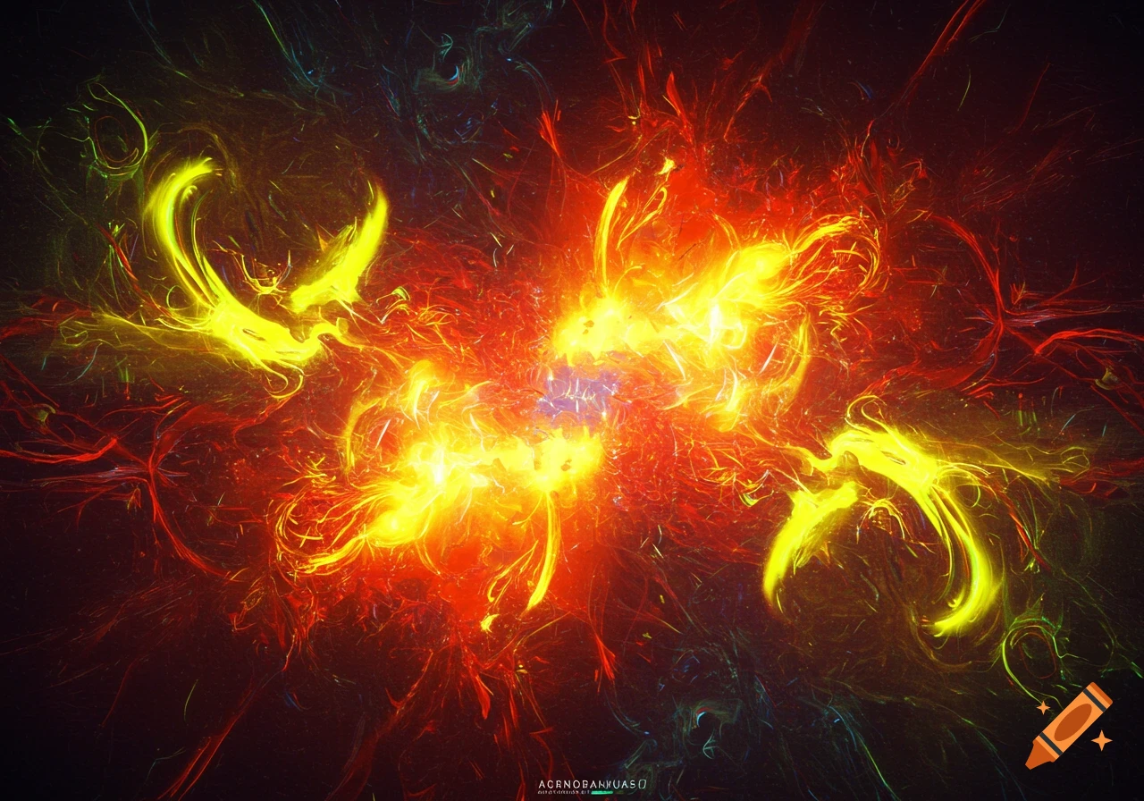 Vibrant abstract image with swirling yellow and red glowing lines, resembling an explosion of energy against a dark background.