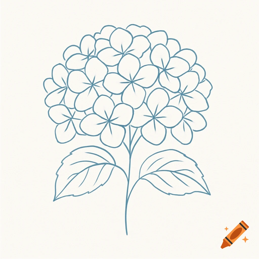 A pale blue outline drawing of a hydrangea flower with leaves.