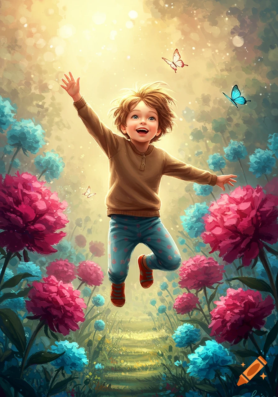 A joyful child in an illustrated, vibrant flower field, jumping with arms outstretched among large pink and blue blossoms and butterflies under a bright sky.