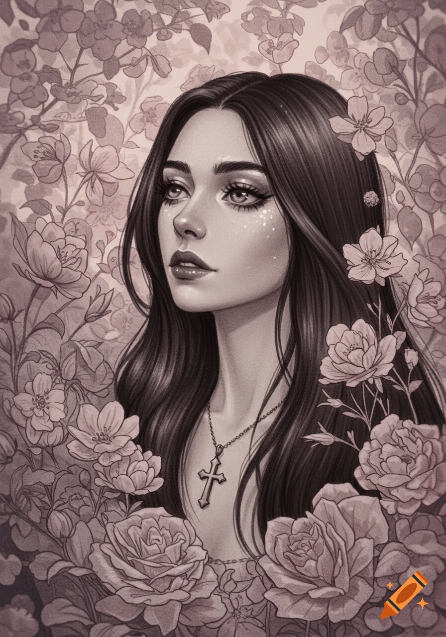 Soft pencil sketch of a woman with dark hair wearing a cross necklace, surrounded by delicate flowers in a muted, soft gothic style.