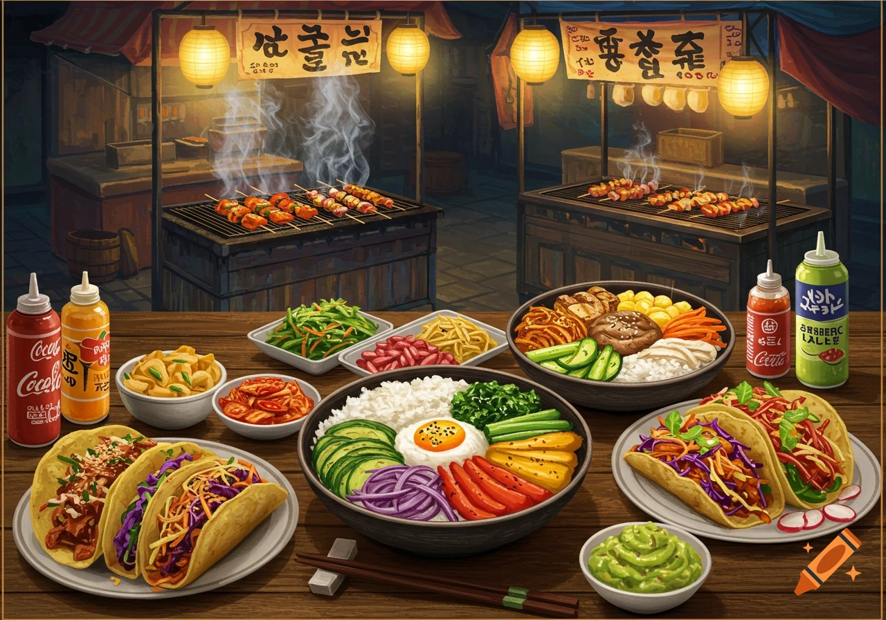 A vibrant street food scene with a table laden with various dishes like tacos, rice bowls, side dishes, and sauces, with BBQ skewers cooking on grills in the background under glowing lanterns.