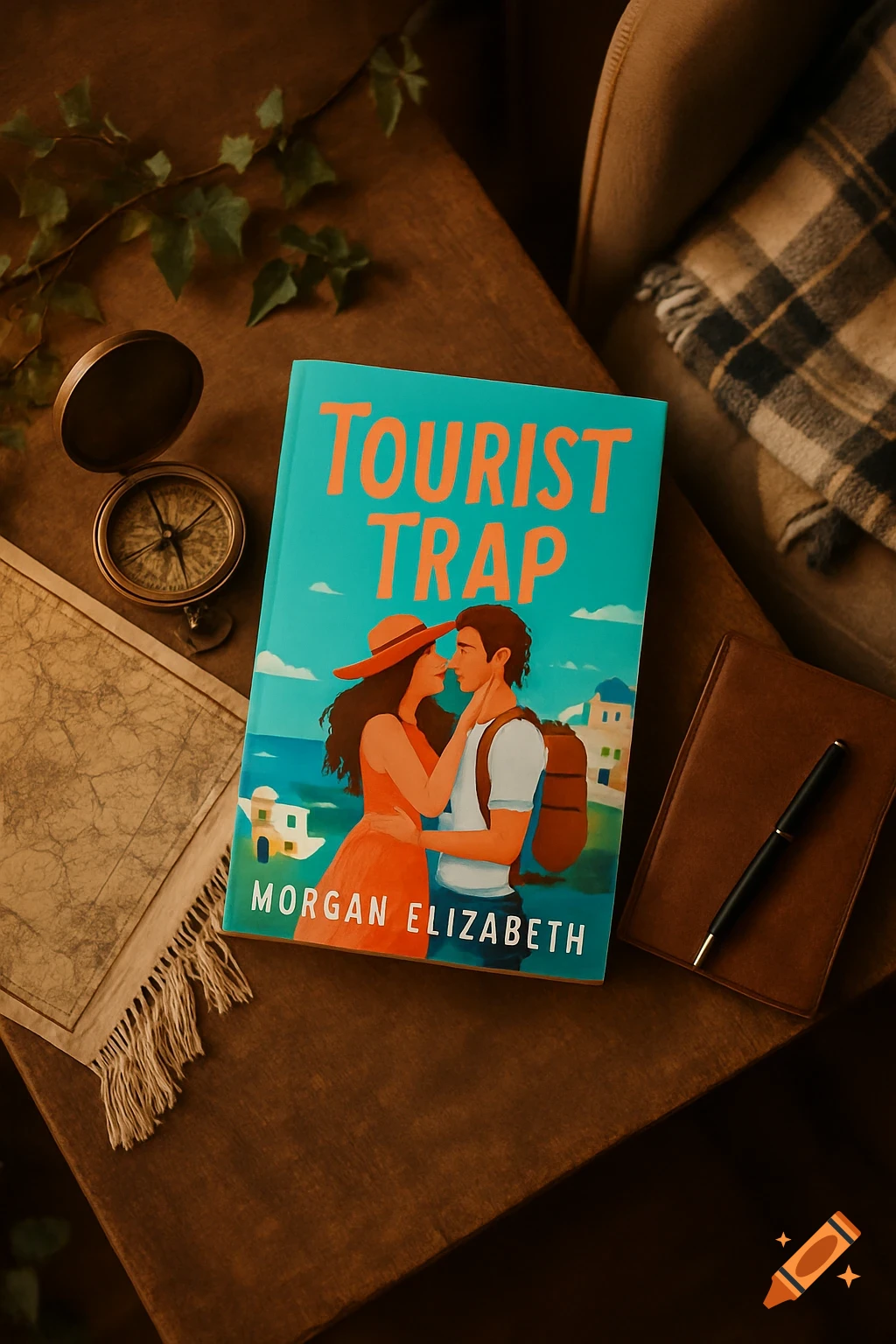 Photorealistic flat lay of the illustrated book 'Tourist Trap' on a wooden table with a compass and map.