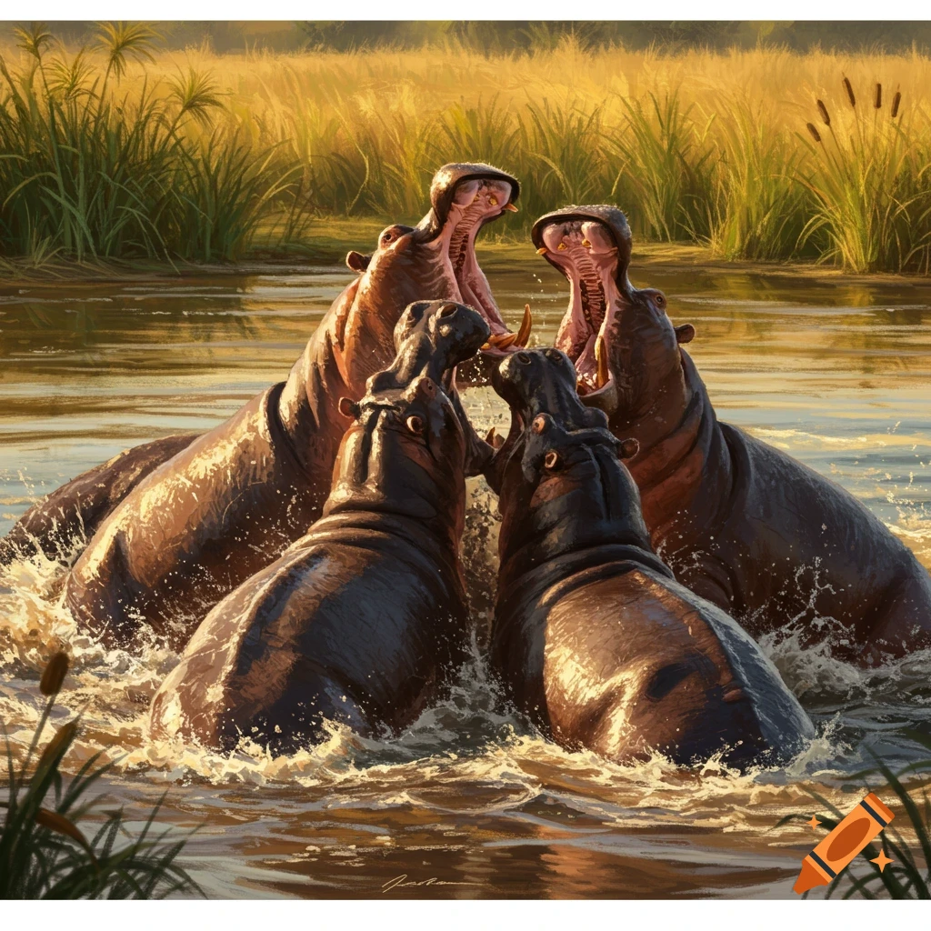 Four large hippos with mouths agape, appearing to fight or challenge each other in shallow water with tall golden reeds in the background. Art style.