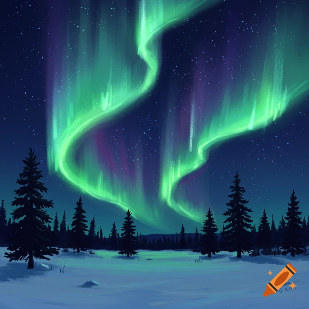 An illustration of vibrant green and purple Northern Lights illuminating a dark night sky over a snowy forest landscape.