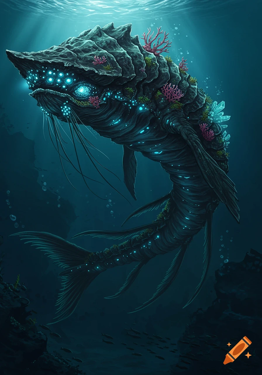 A large, deep-sea fantasy creature with rocky texture, bioluminescent blue lights, and coral swims in dark waters.