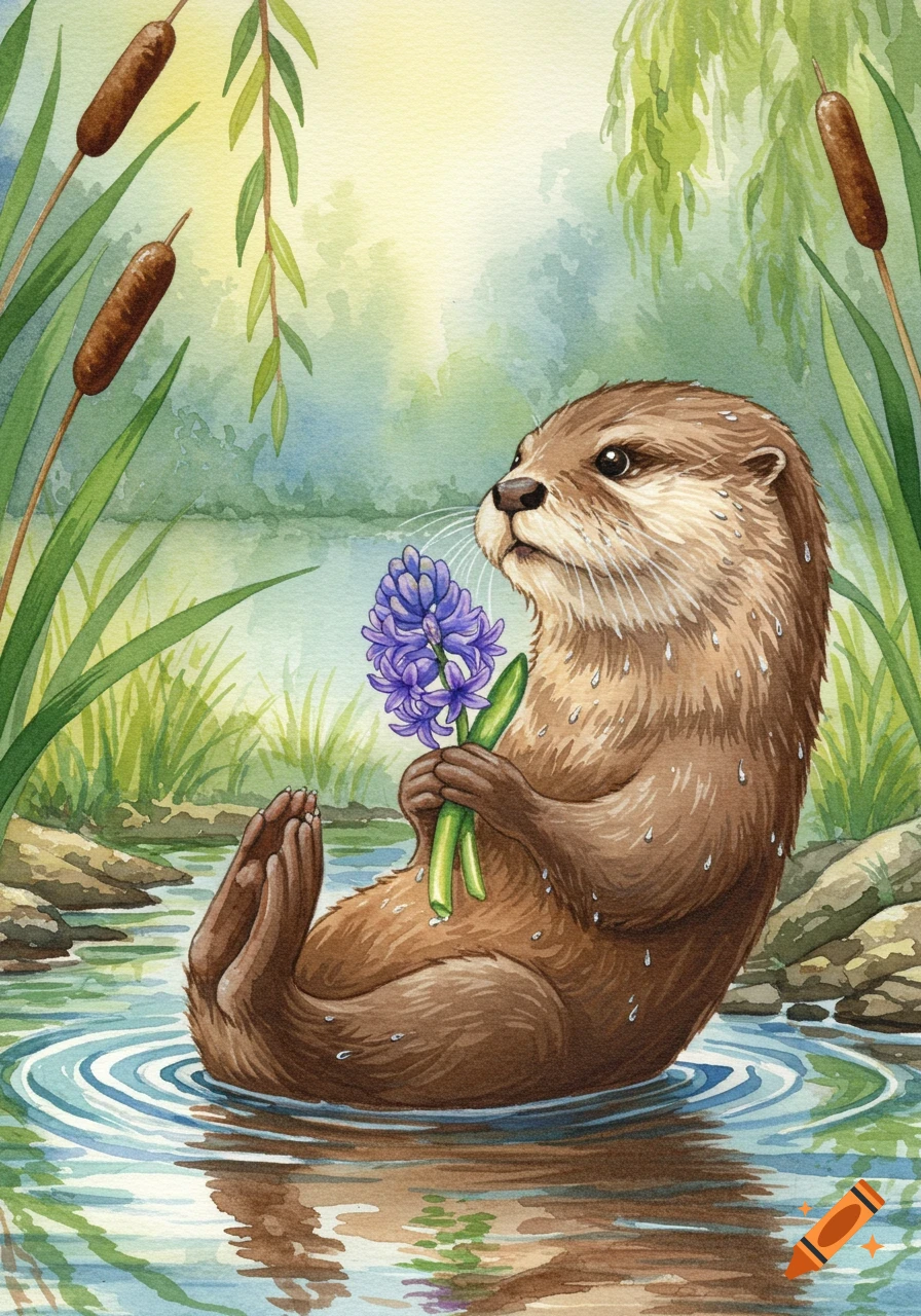 A watercolor illustration of a brown otter sitting in a pond, holding a purple hyacinth, with cattails.