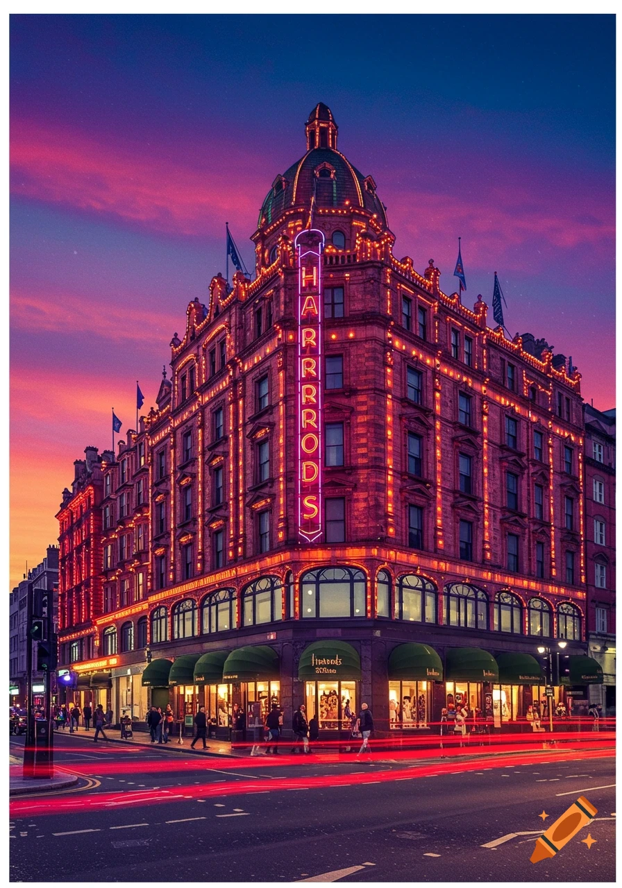 The Harrods building in London at dusk, illuminated by neon lights, with red car light trails on the street below.