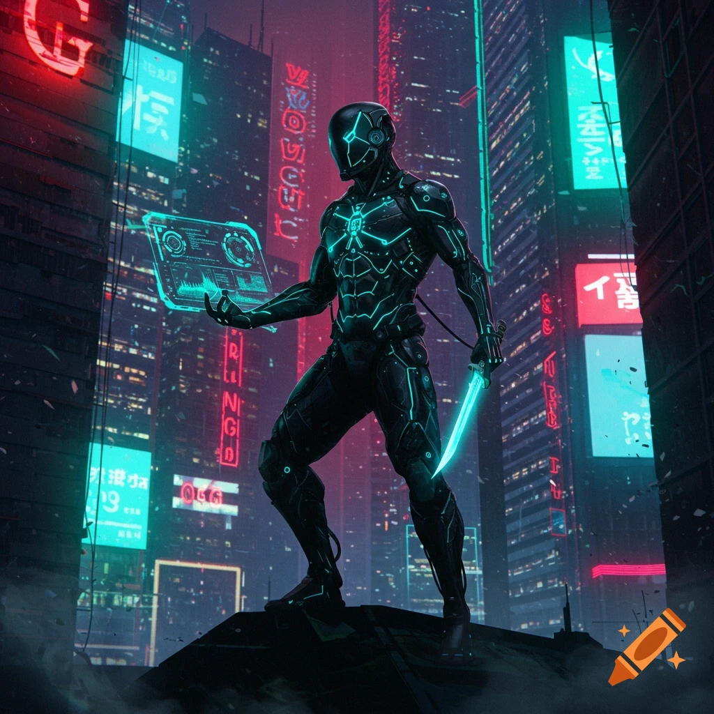 A futuristic glowing figure in a black suit holds a holographic screen and a glowing knife, standing on a rooftop overlooking a neon-lit cyberpunk city at night.