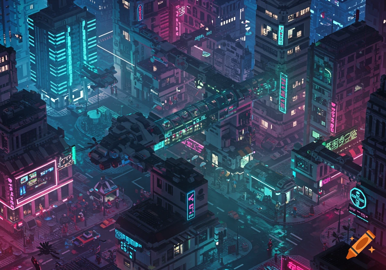 Isometric view of a futuristic LEGO cyberpunk city at night with glowing neon lights, flying cars, and elevated trains.