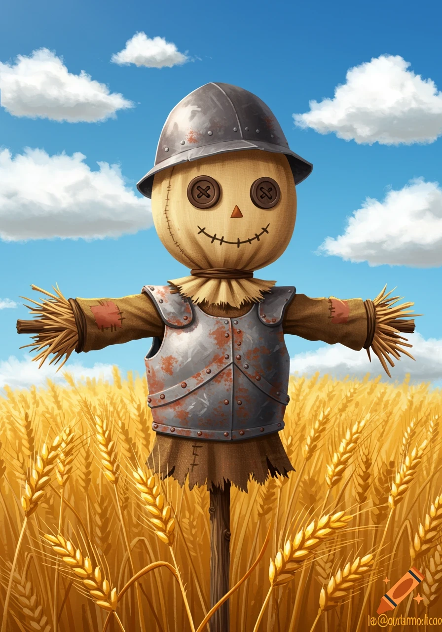 A smiling scarecrow wearing a rusty iron helmet and chestplate stands in a golden wheat field under a blue sky with white clouds, in a stylized illustration.
