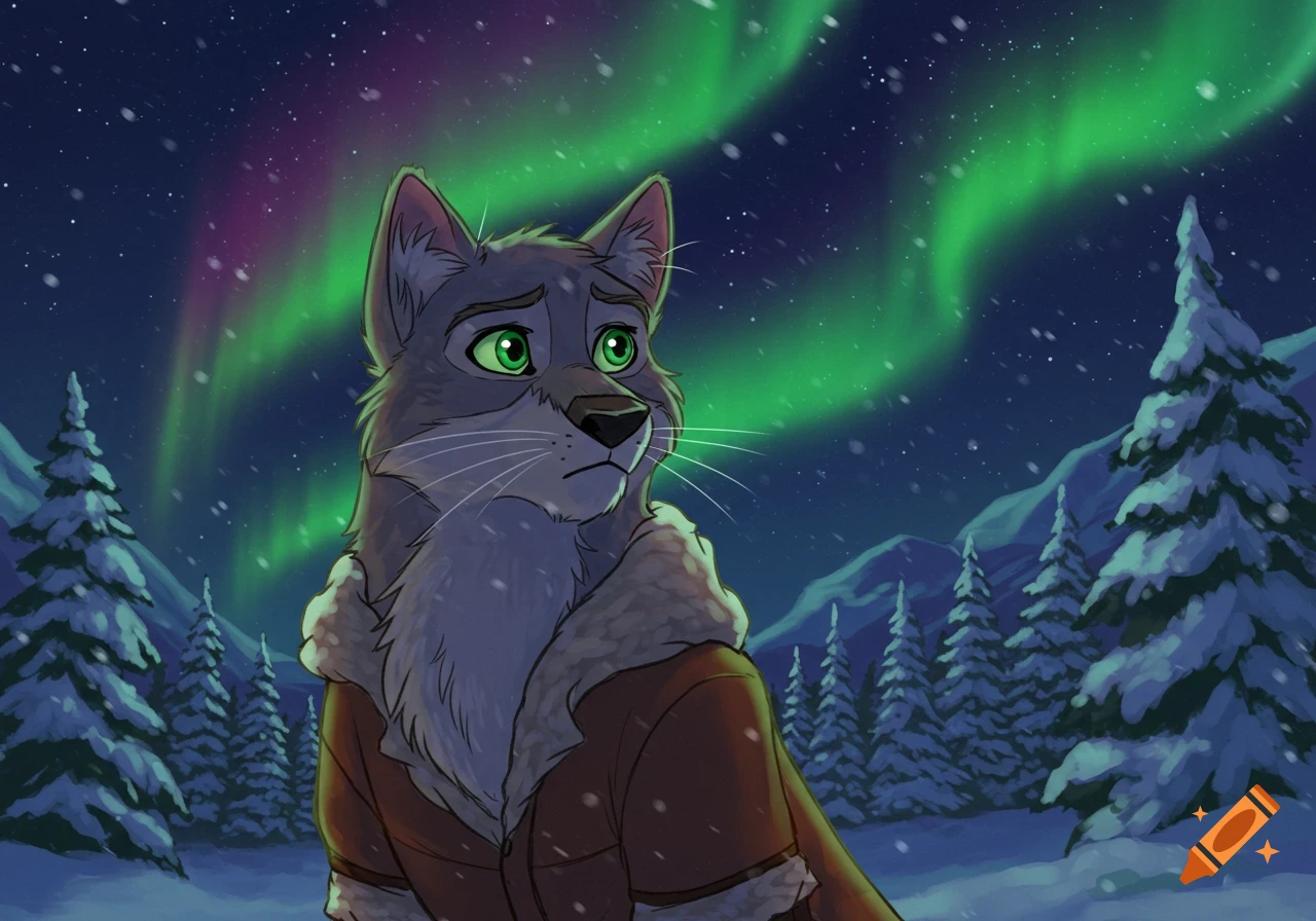 An anthropomorphic grey wolf with green eyes wears a brown jacket in a snowy forest. Green and purple aurora borealis light up the night sky as snow falls.