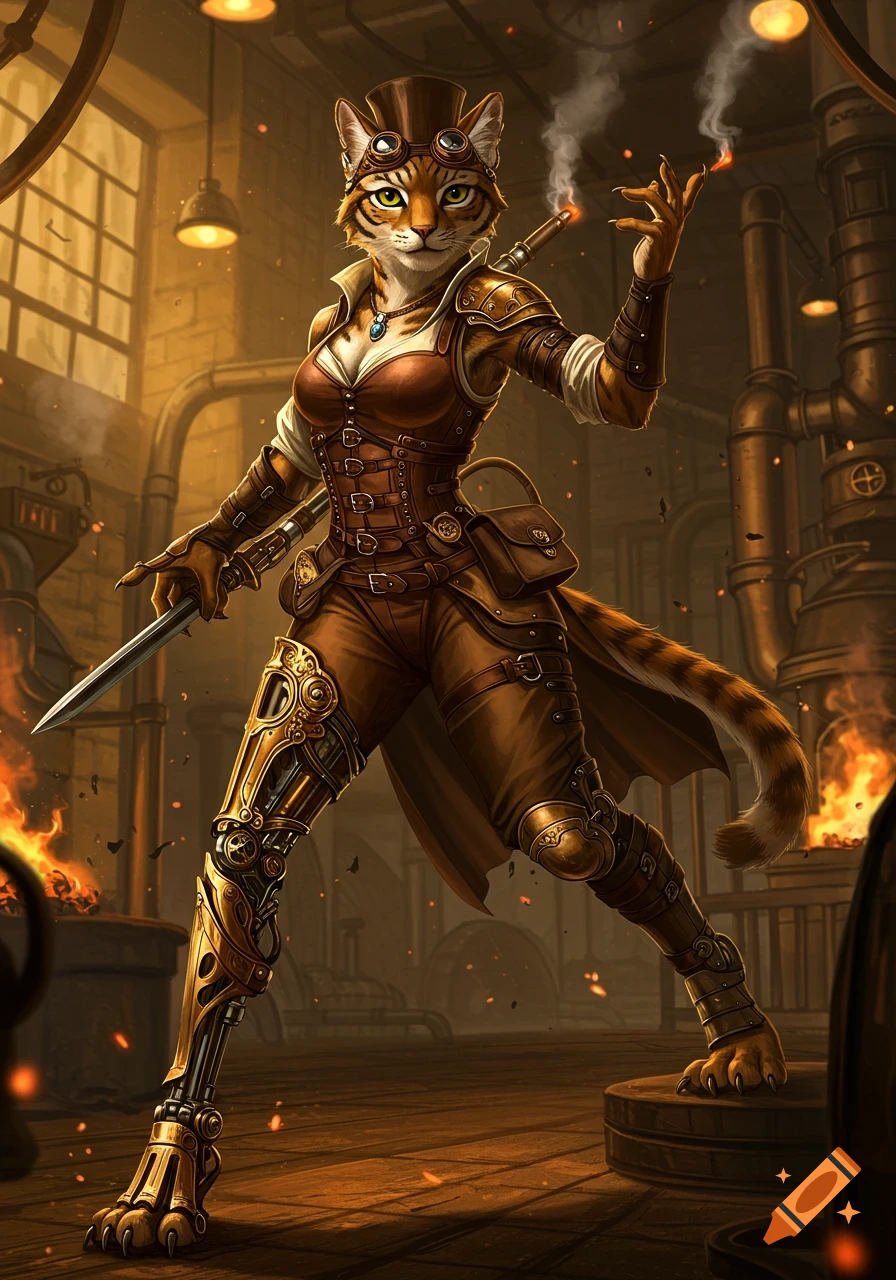 A detailed illustration of an anthropomorphic Tabaxi female in steampunk armor and attire, holding a sword in a workshop.