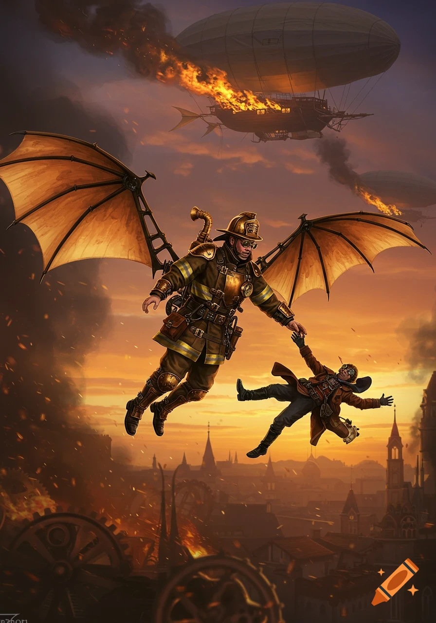 A steampunk firefighter with wings catches a falling pilot above a city at sunset, with an exploding blimp in the background.