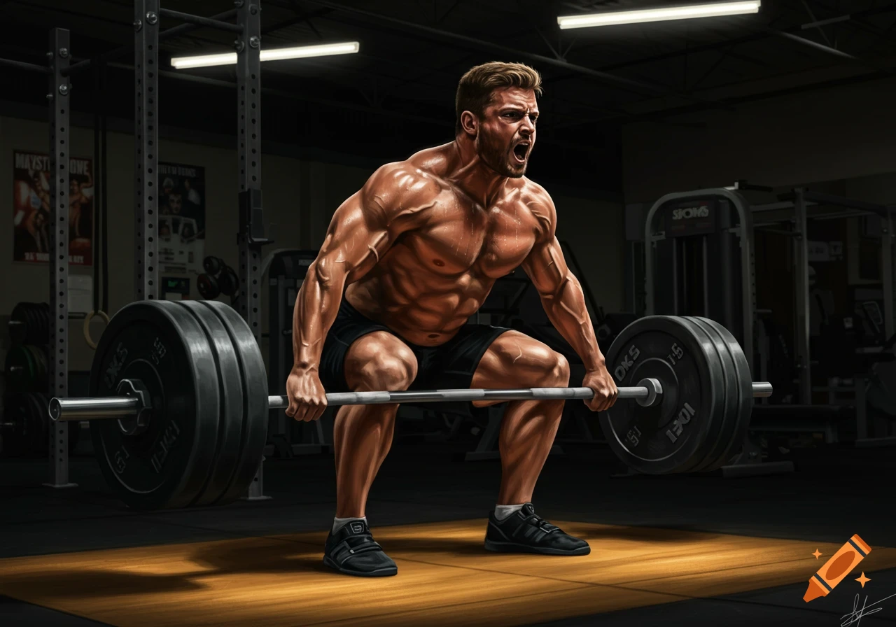 Muscular man intensely deadlifting weights in a dark gym, in a photorealistic style.