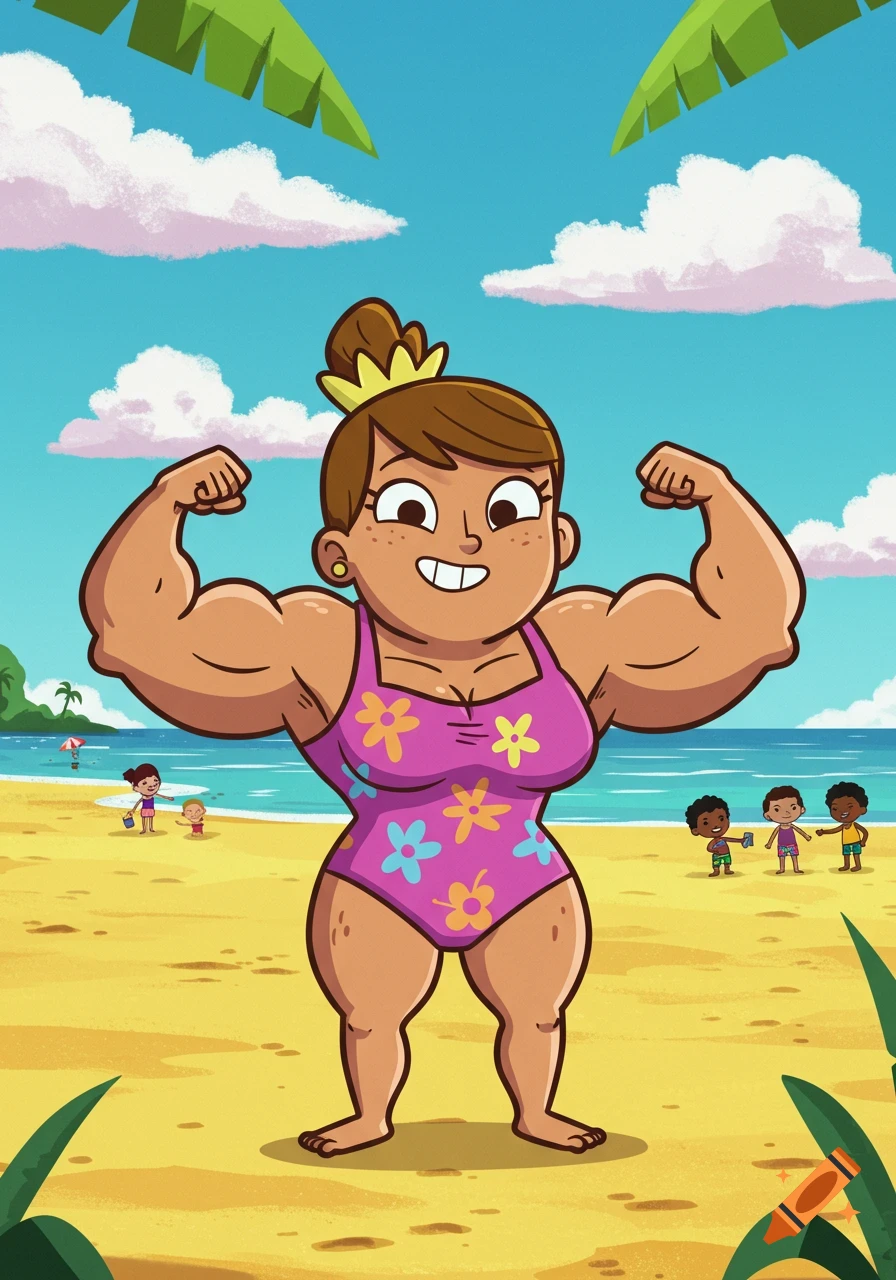 A cartoon woman with large muscles flexing at a sunny beach, wearing a purple floral swimsuit.