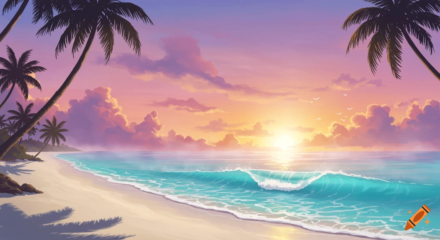 A vibrant beach scene at sunrise with a turquoise ocean, rolling waves, and silhouetted palm trees.