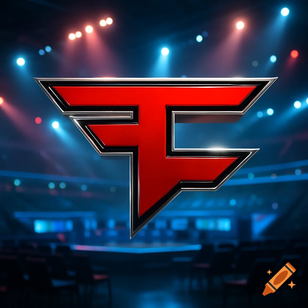 The metallic red FaZe Clan logo prominently displayed against a blurred esports arena backdrop with blue and red lights.