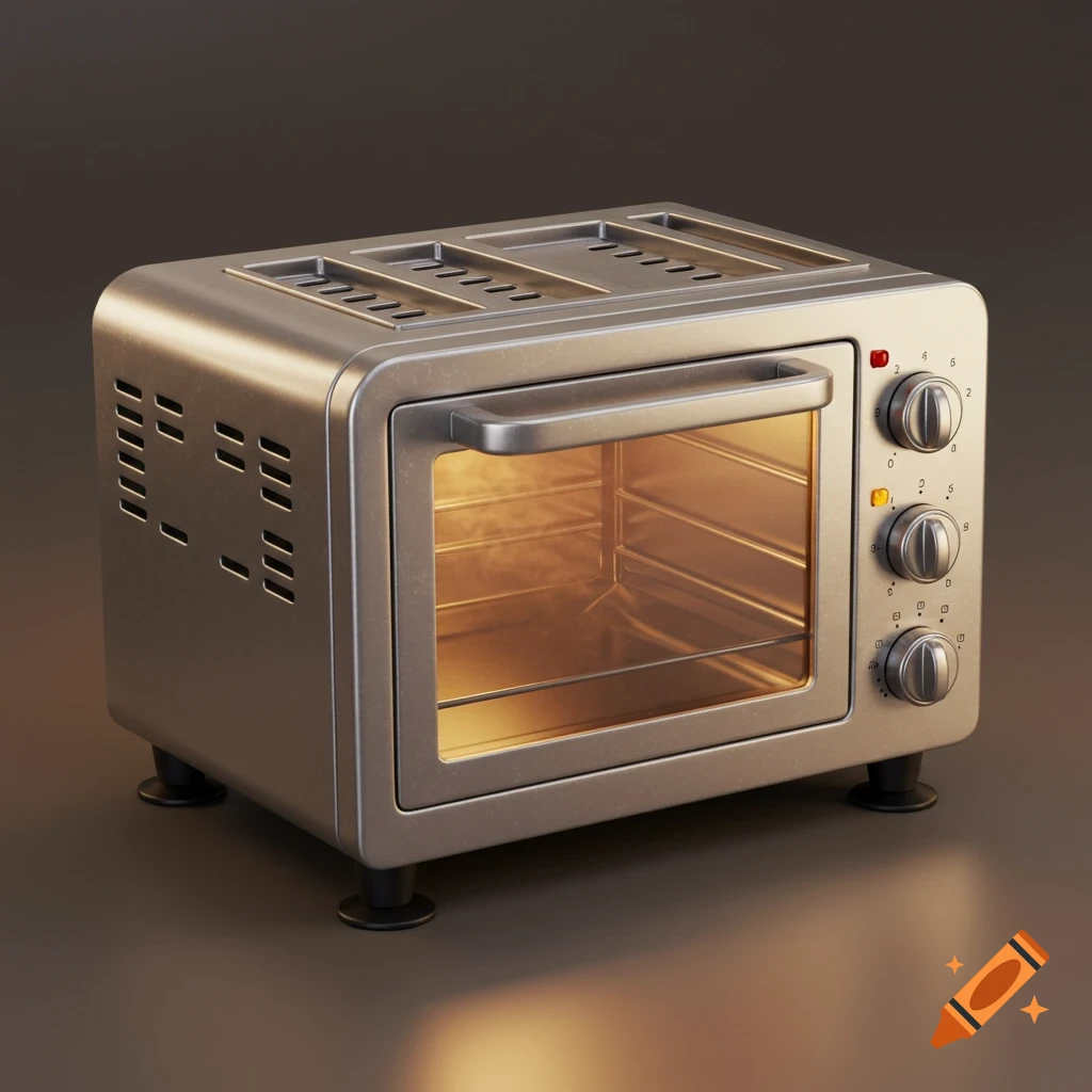 A metallic silver toaster oven with a glass door, three control knobs, and glowing interior.
