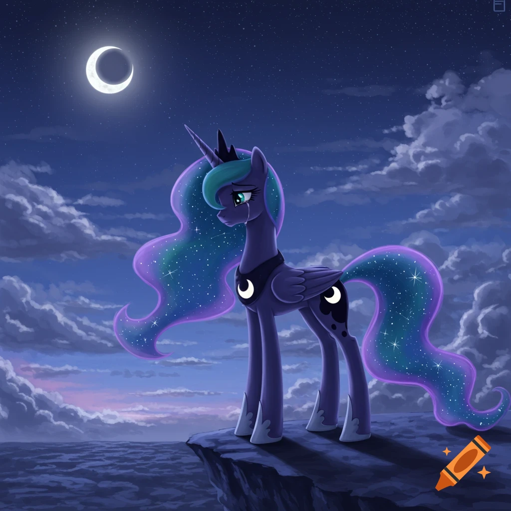 Princess Luna, a dark blue alicorn pony, stands sadly on a cliff under a starry night with a large moon.