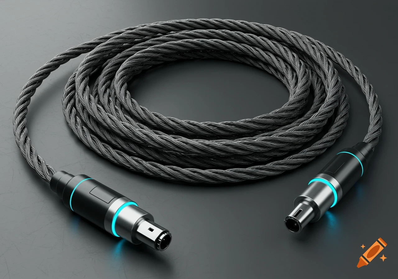 A coiled, braided dark gray cable with sleek black and silver connectors that emit a blue glow, resting on a dark, textured surface. Photorealistic style.