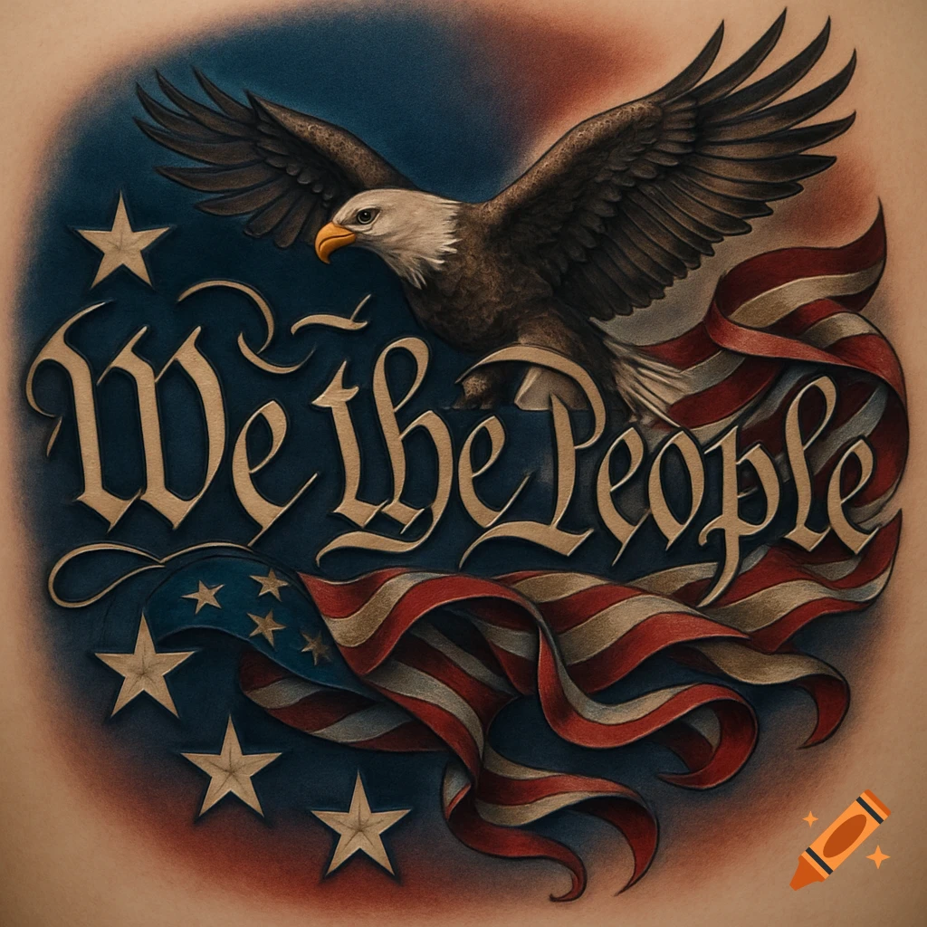 A patriotic tattoo design featuring a bald eagle, a waving American flag,  and the text 'We the People'. on Craiyon, image size:1024x1024