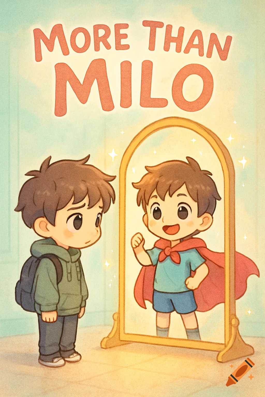 A chibi boy with a backpack sadly looks at his reflection, which is a confident superhero in a cape, in a glowing mirror.