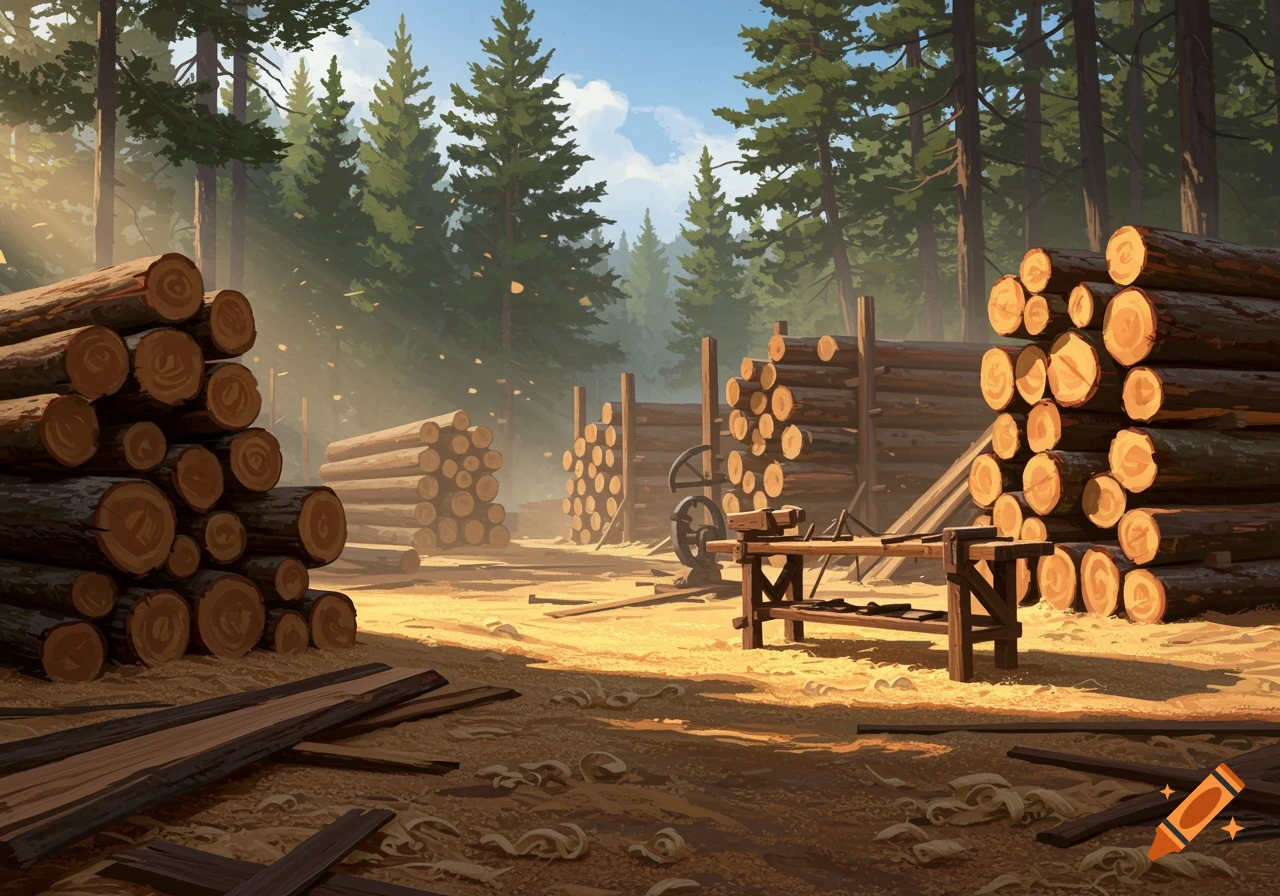 A stylized sunny outdoor scene of a lumber yard with large stacks of cut logs, scattered wood planks, and a workbench, surrounded by tall pine trees.