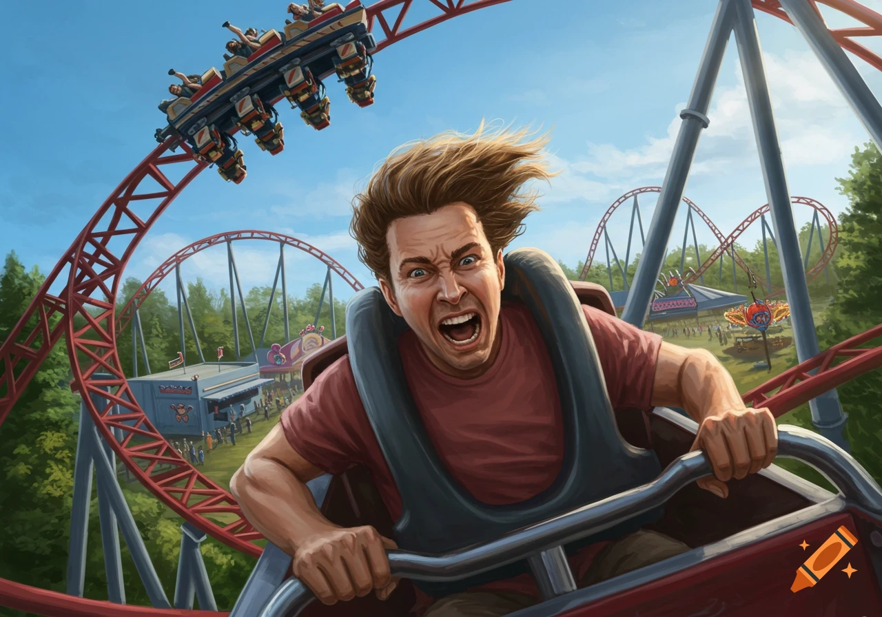 A man with his hair blowing back screams in excitement while riding a rollercoaster, with other rides and tracks in the background.