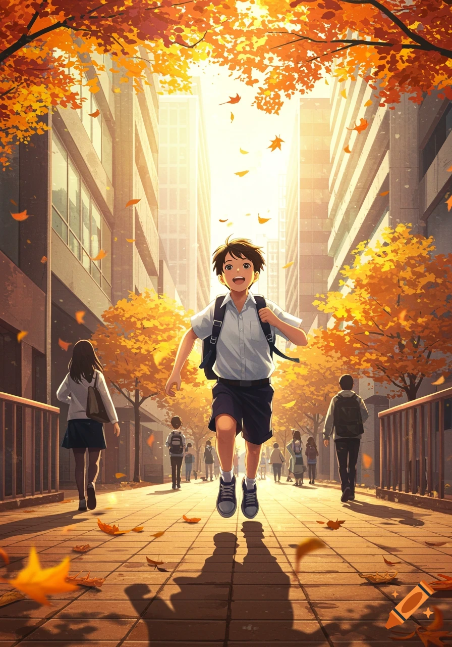 A happy anime schoolboy with a backpack runs down a city street lined with tall buildings and autumn trees with orange leaves.