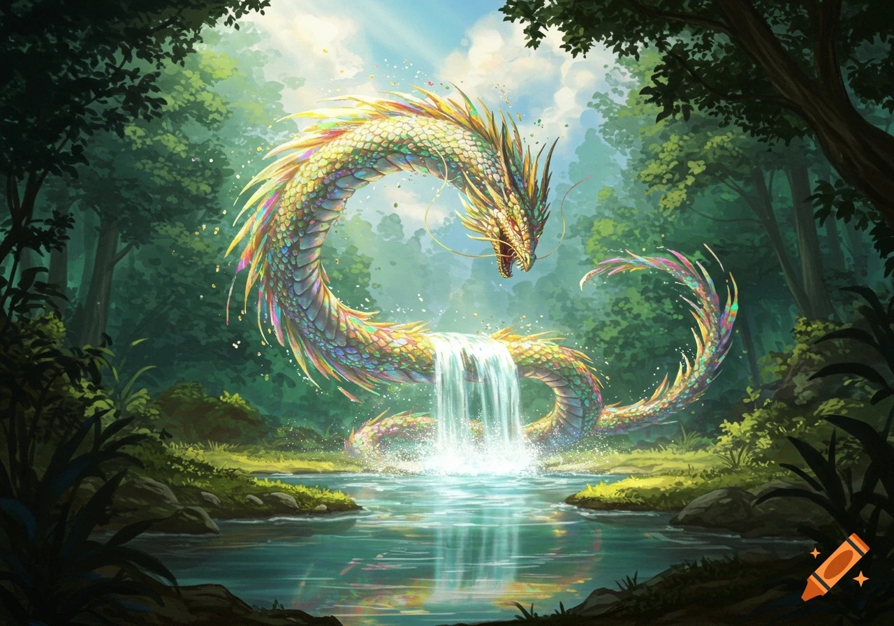 A colorful, iridescent dragon with a waterfall flowing from its body into a pool in a lush forest.