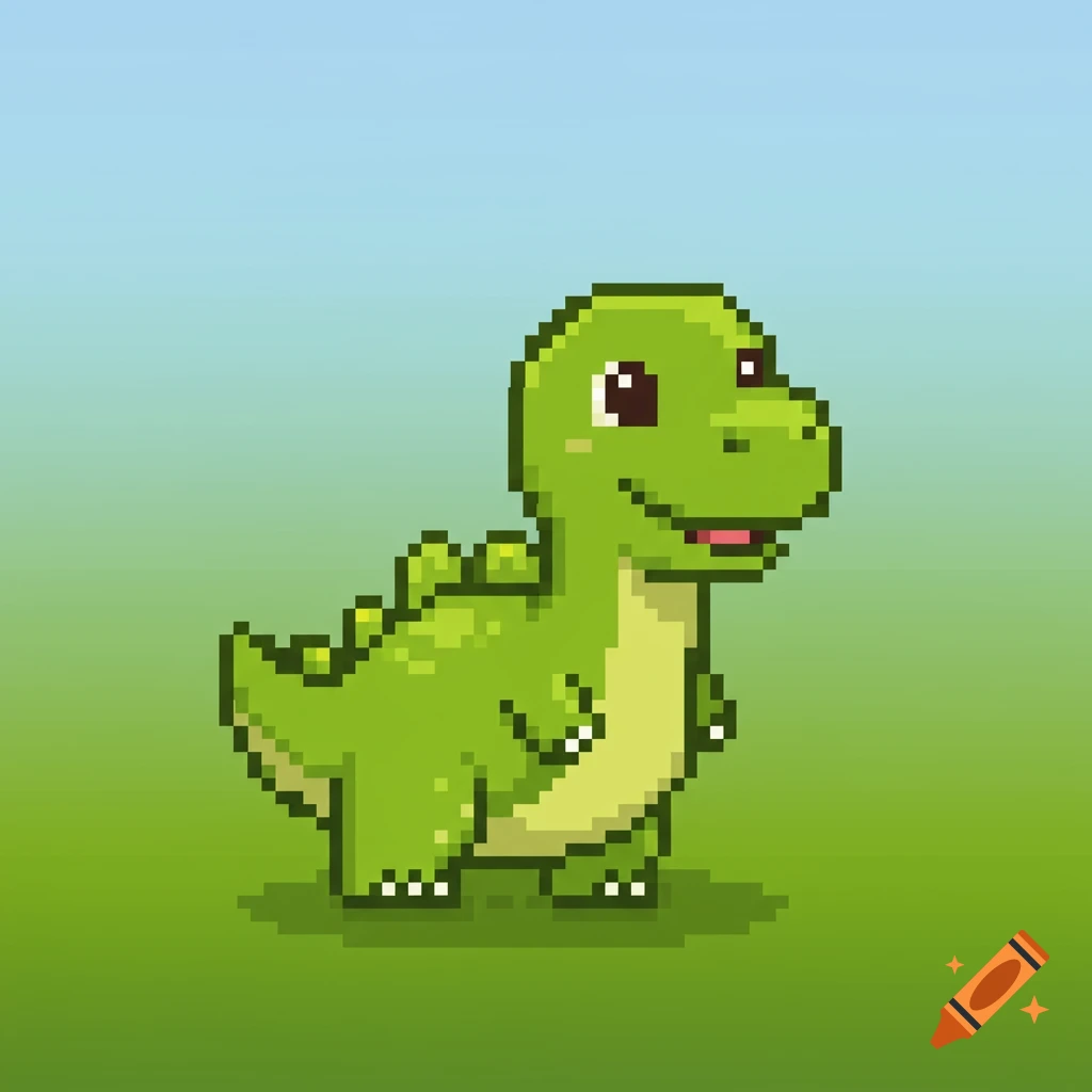 A cute green pixel art dinosaur with a happy smile stands on a grassy ground with a light blue sky.