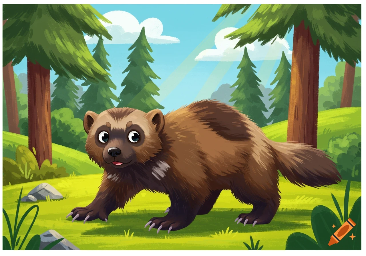 A cute cartoon wolverine with big eyes walks through a vibrant green forest under a blue sky.