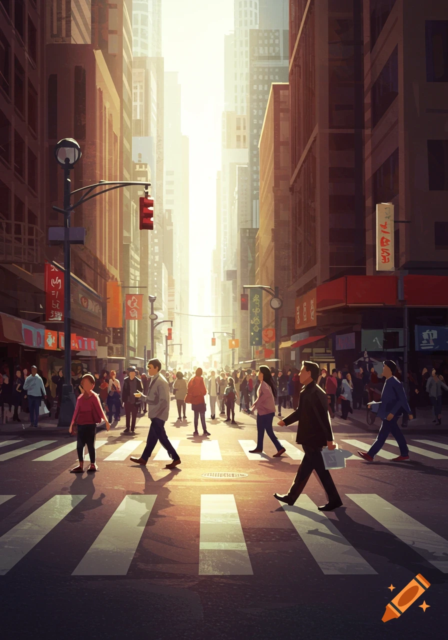 A bustling city street with tall buildings and many people walking across a crosswalk, bathed in warm sunlight.