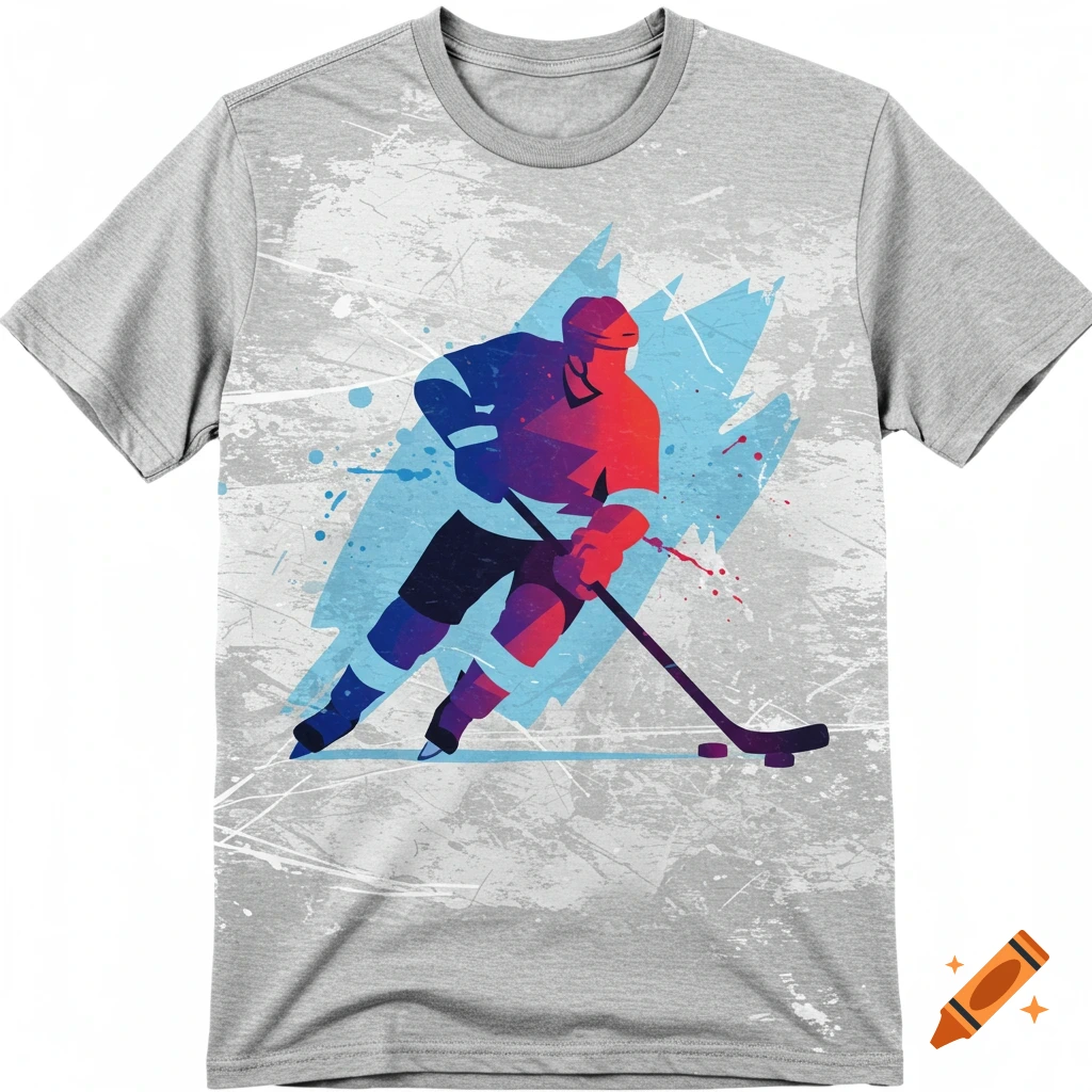 Stylized graphic of a hockey player in motion on a gray t-shirt with a distressed background.