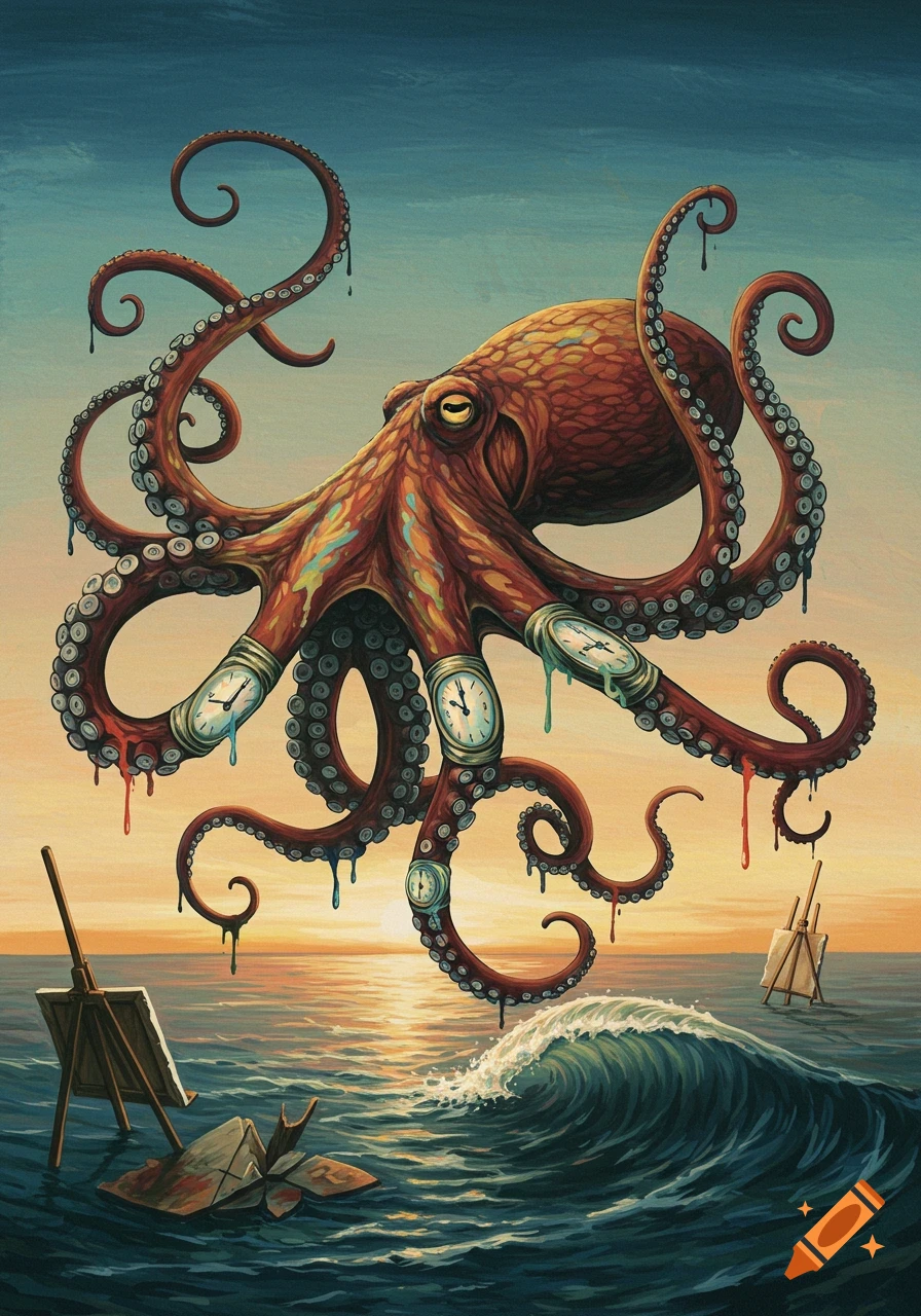 A surreal painting of a reddish-brown octopus with clocks embedded in its tentacles floating above a stormy ocean with easels and paintbrushes at sunset.