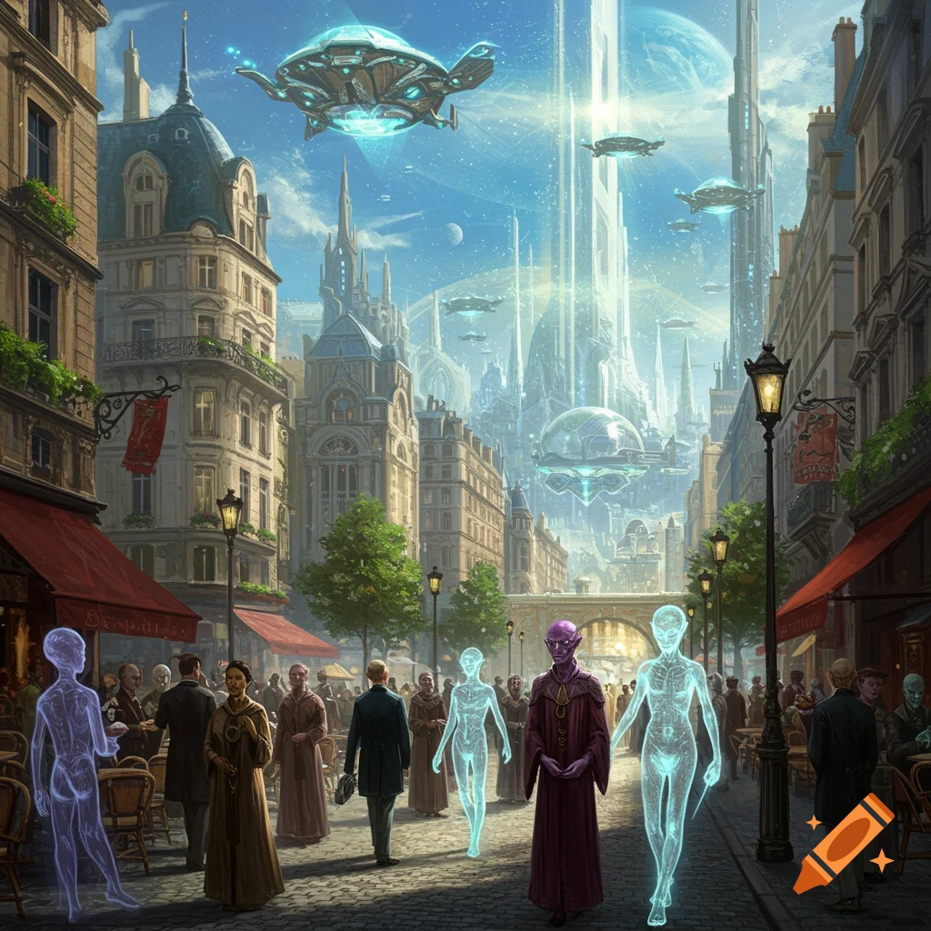 A vibrant cityscape blends classic French architecture with futuristic skyscrapers and flying vehicles. People and glowing, translucent humanoid figures walk a cobblestone street.