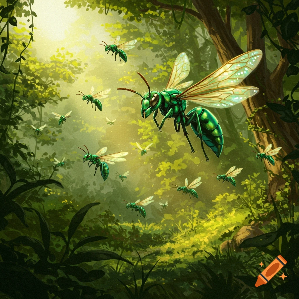 Illustrated green hornets with translucent wings flying through a bright, sunlit forest.