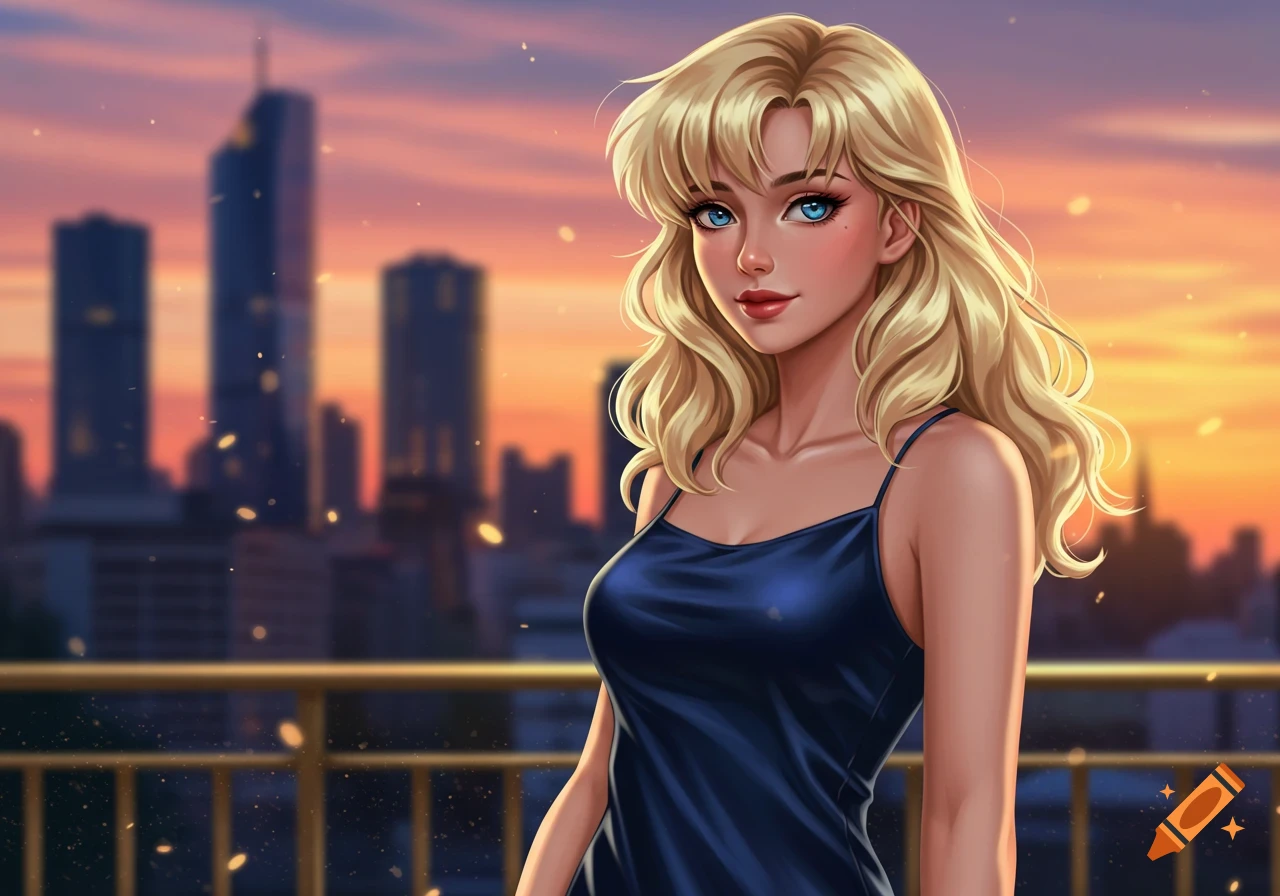 Anime-style blonde woman with blue eyes in a dark blue camisole stands against a blurred city sunset.