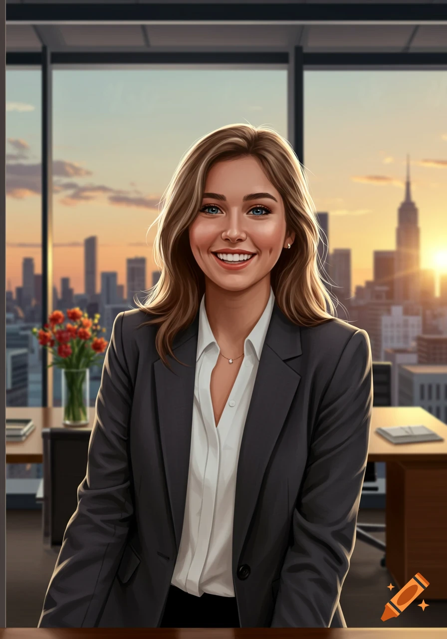 A smiling woman in a business suit sits in an office with a city skyline at sunset visible through large windows.