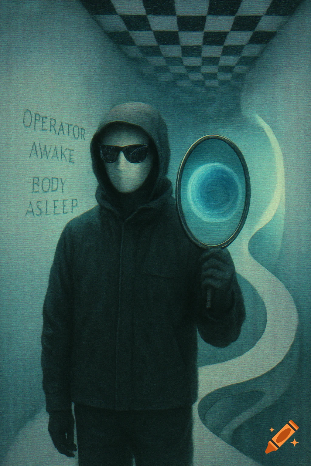 A masked figure in a hooded jacket holds a mirror reflecting a blue orb, with 'Operator Awake. Body Asleep.' text on a liminal hallway wall.
