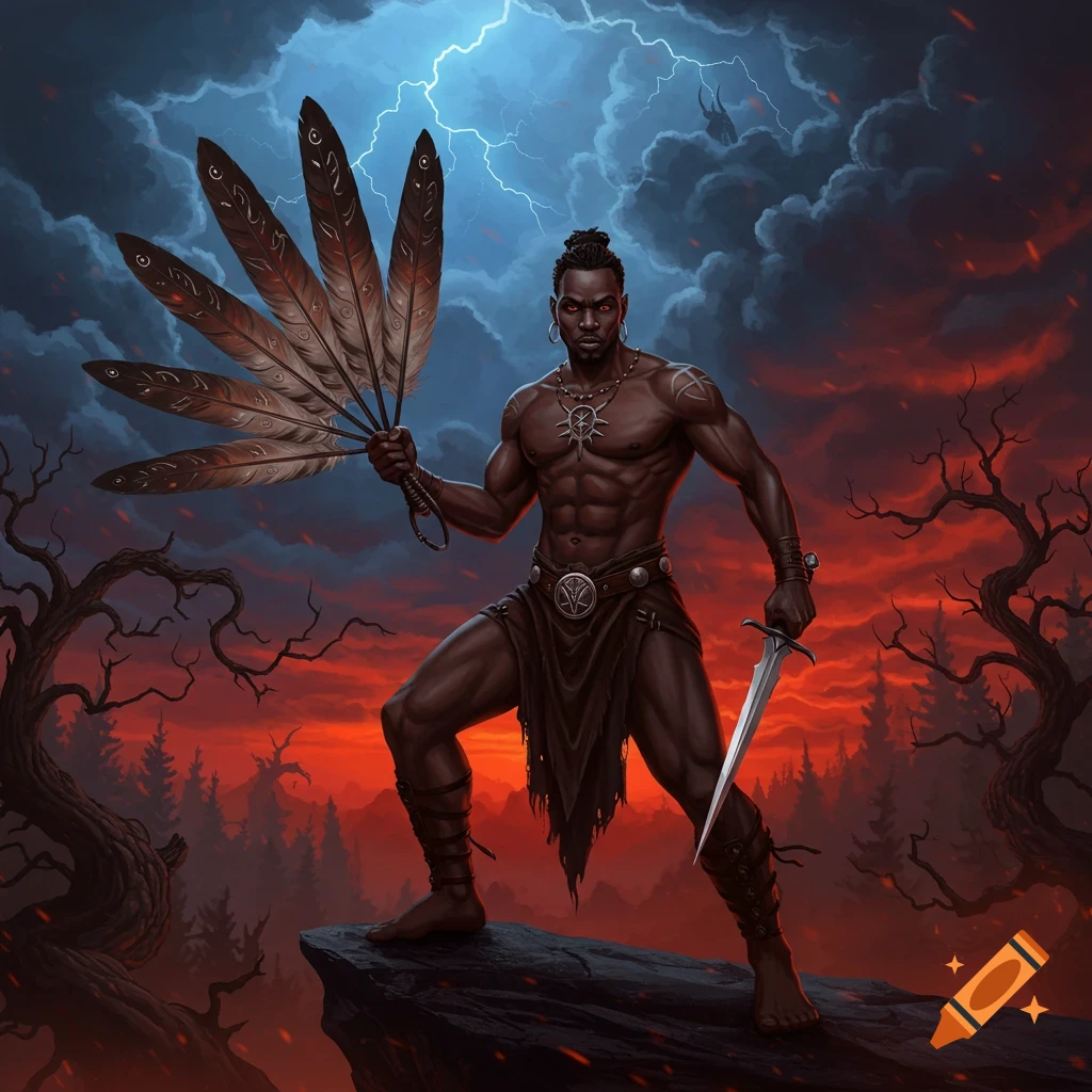Dark fantasy art of a muscular man with feathers and a dagger on a rock under a stormy, lightning-filled sky.