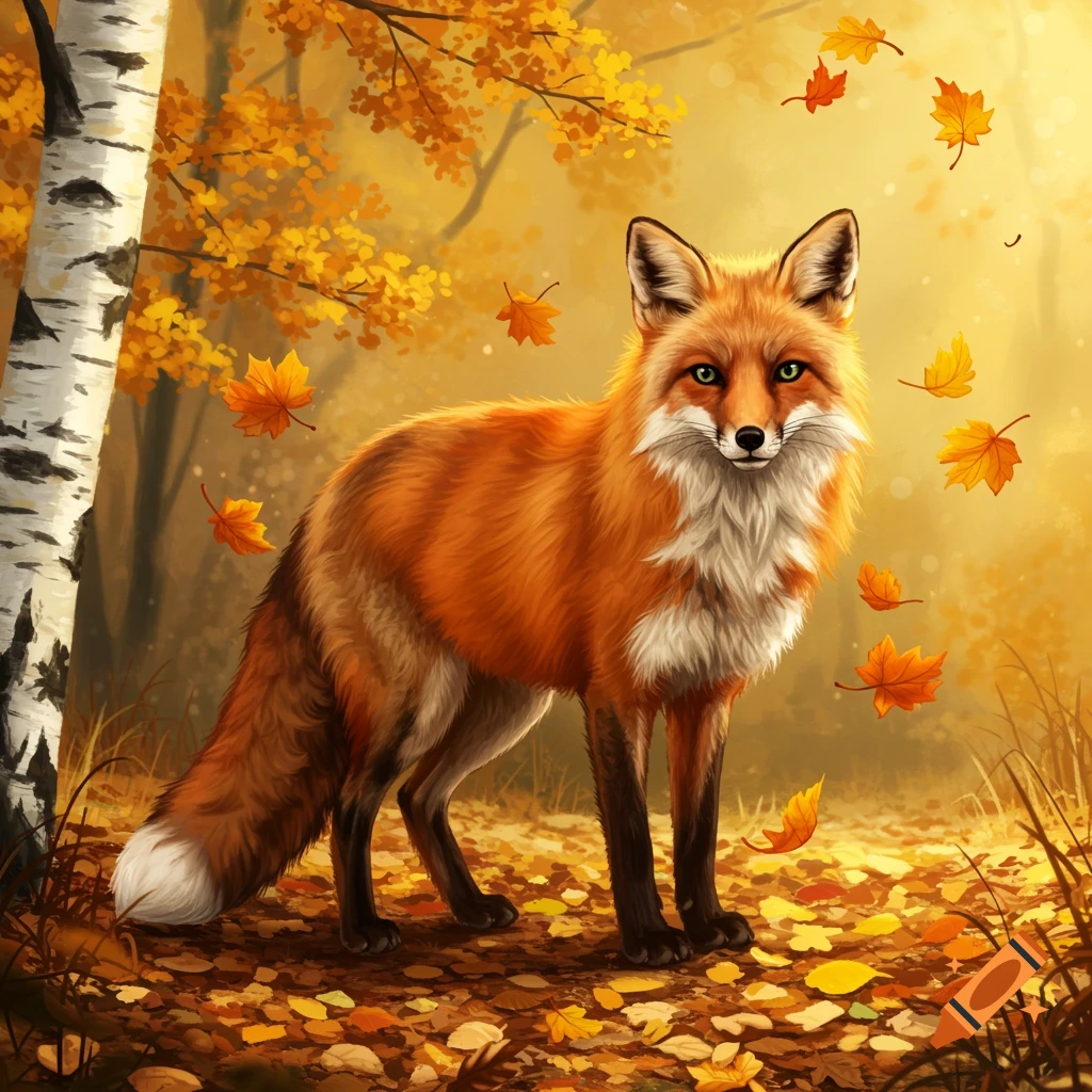 A beautiful red fox with green eyes stands amidst golden autumn leaves and birch trees in a forest.