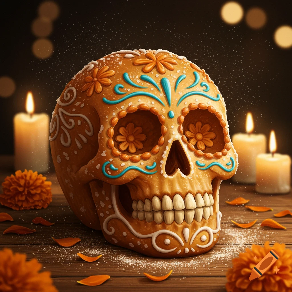 A decorative bread sugar skull adorned with colorful icing, surrounded by lit candles and marigold petals on a wooden surface.