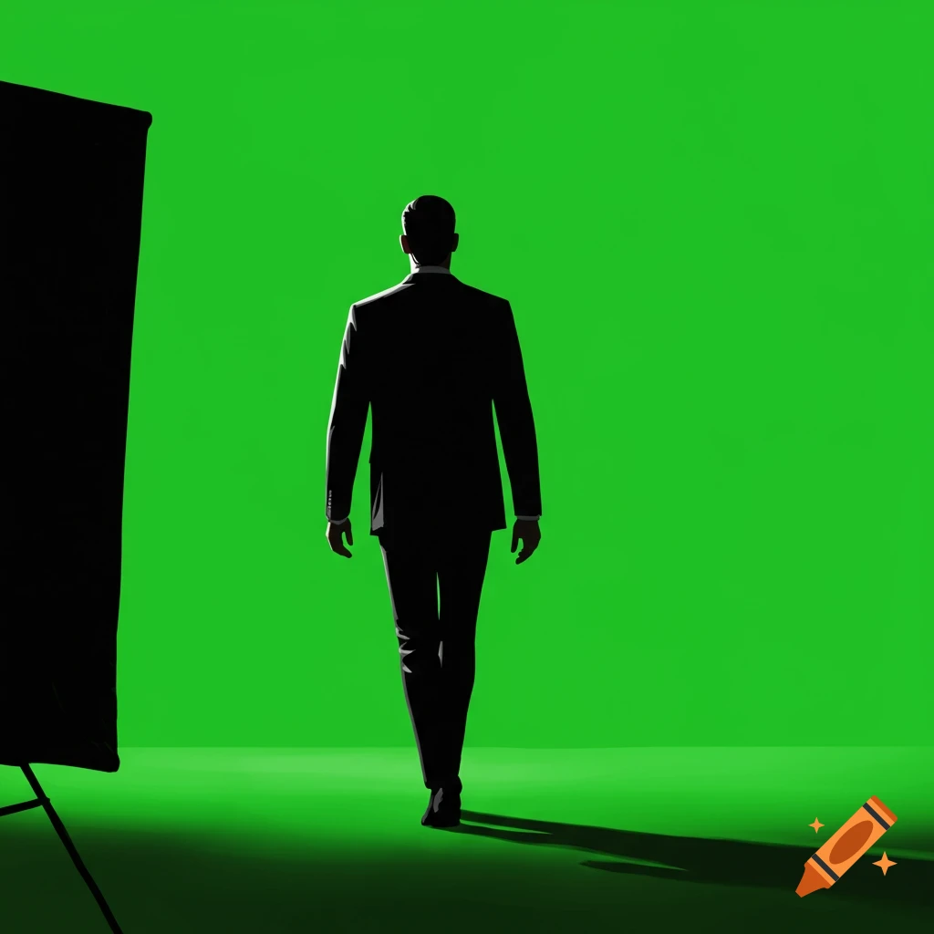 A man in a suit walks away from the viewer on a green screen set with a black panel on the left.