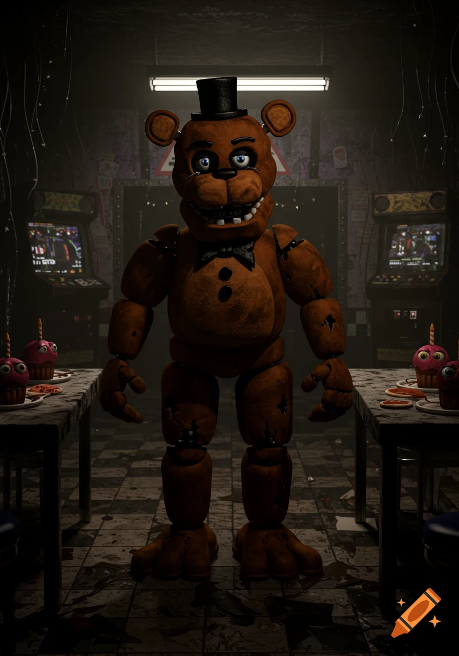 A brown animatronic bear with a top hat and bowtie stands in a dark, abandoned pizzeria with arcade machines and cupcakes.