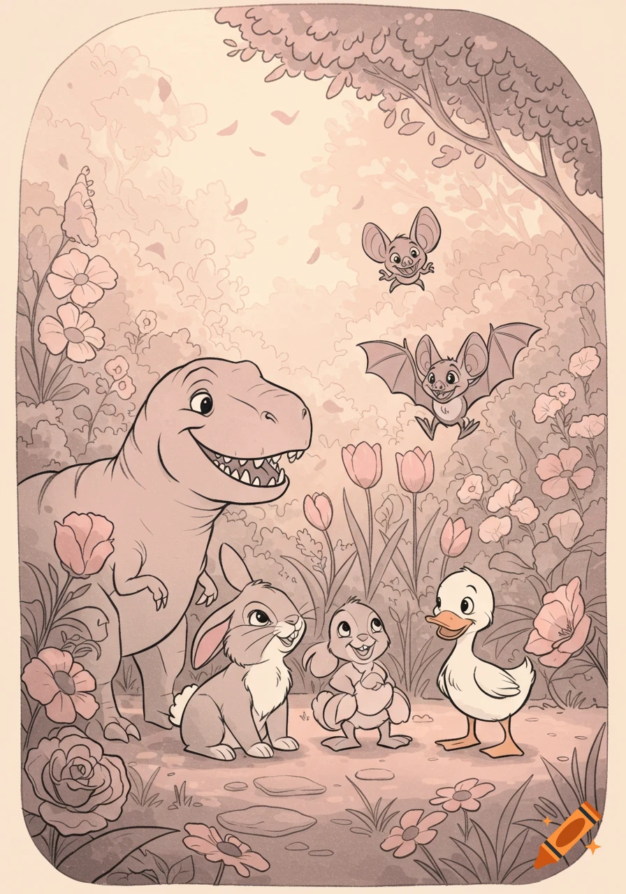 A friendly cartoon T-Rex, two bunnies, a duck, and two bats in a whimsical, sepia-toned garden illustration.