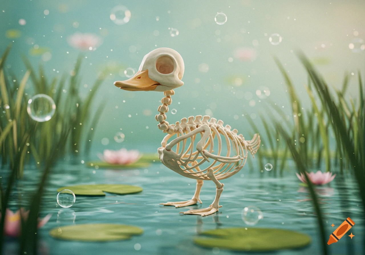An adorable cartoon duck skeleton stands in a pond with lily pads and bubbles, pink water lilies in the background.