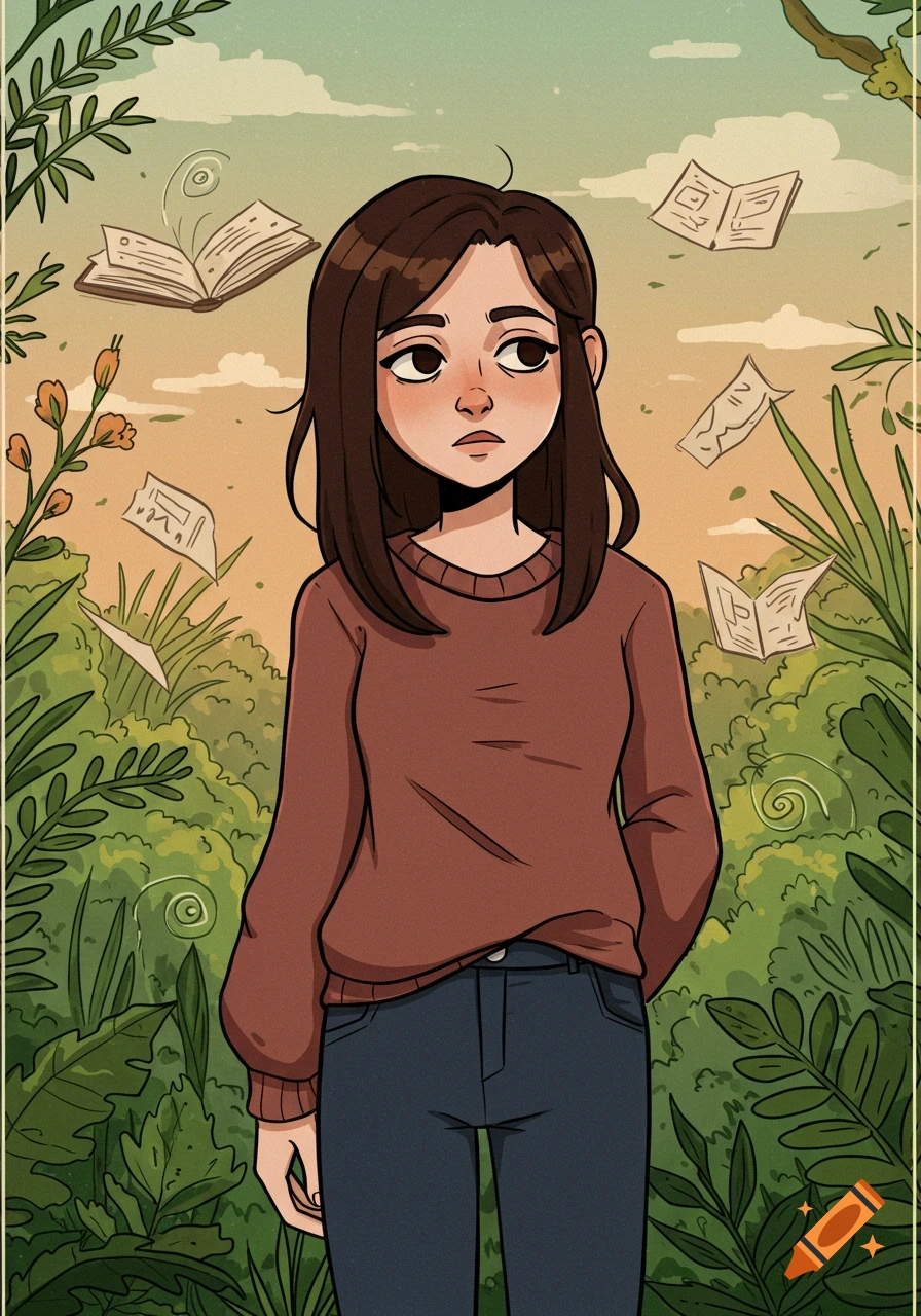 A cartoon young woman with dark hair and a brown sweater stands amidst green foliage with floating books and papers.
