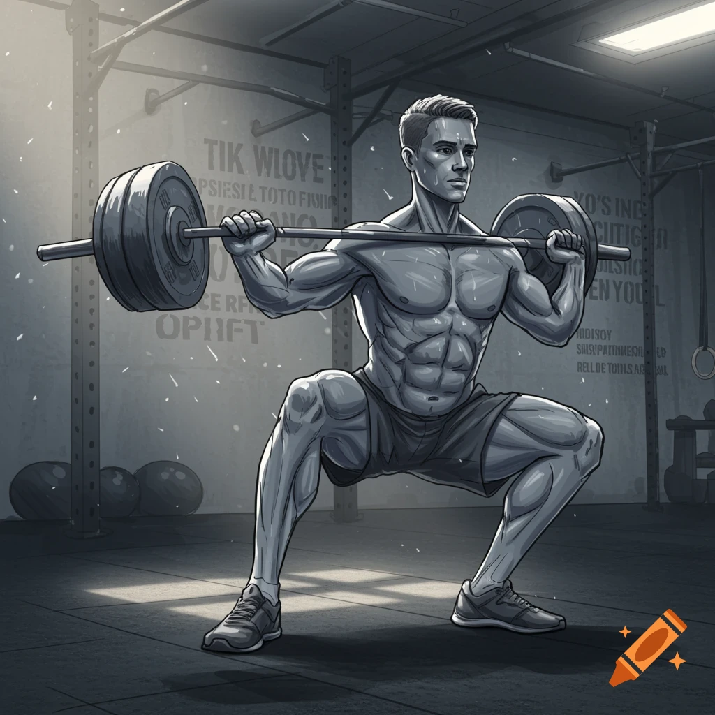 A muscular man performs a barbell squat in a grayscale gym illustration.